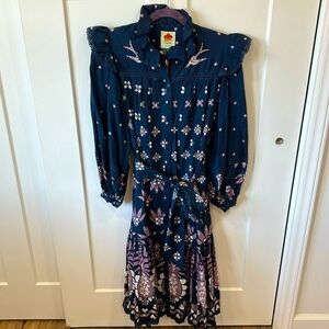Farm Rio Ainika Martina Dark Blue Long Sleeve Midi Dress